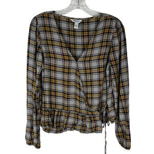 Arizona Jeans Womens Wrap Shirt Top Plaid Grey Yellow Blue Size Small New